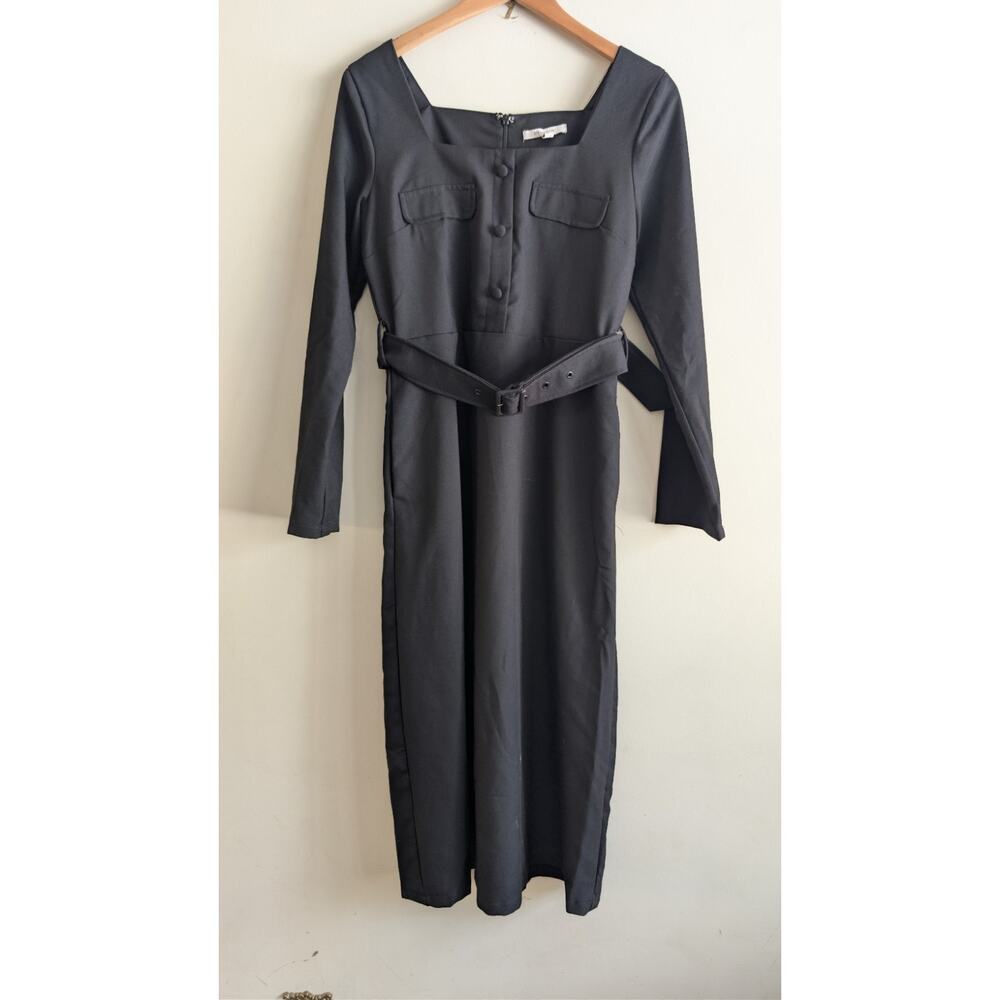 Zoe + Claire Black Belted Midi Dress‎ Sz M Square Neck Long Sleeve Minimalist